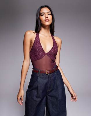ASOS DESIGN mesh lace halter neck bodysuit in fig-Purple