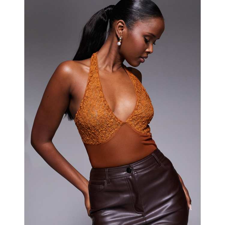 ASOS DESIGN mesh lace halter neck bodysuit in ginger | ASOS