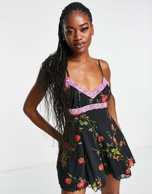 ASOS DESIGN mesh lace insert baby doll romper in floral print, 4 of 4