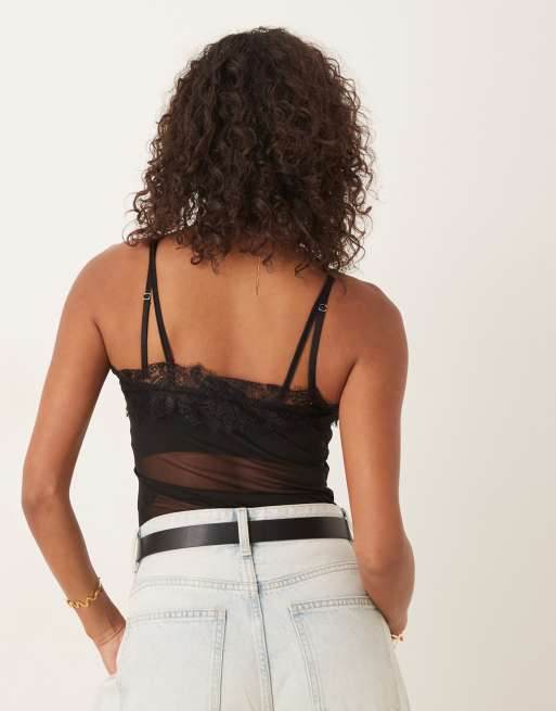 ASOS DESIGN mesh lace trim bodysuit in black, 3 of 4