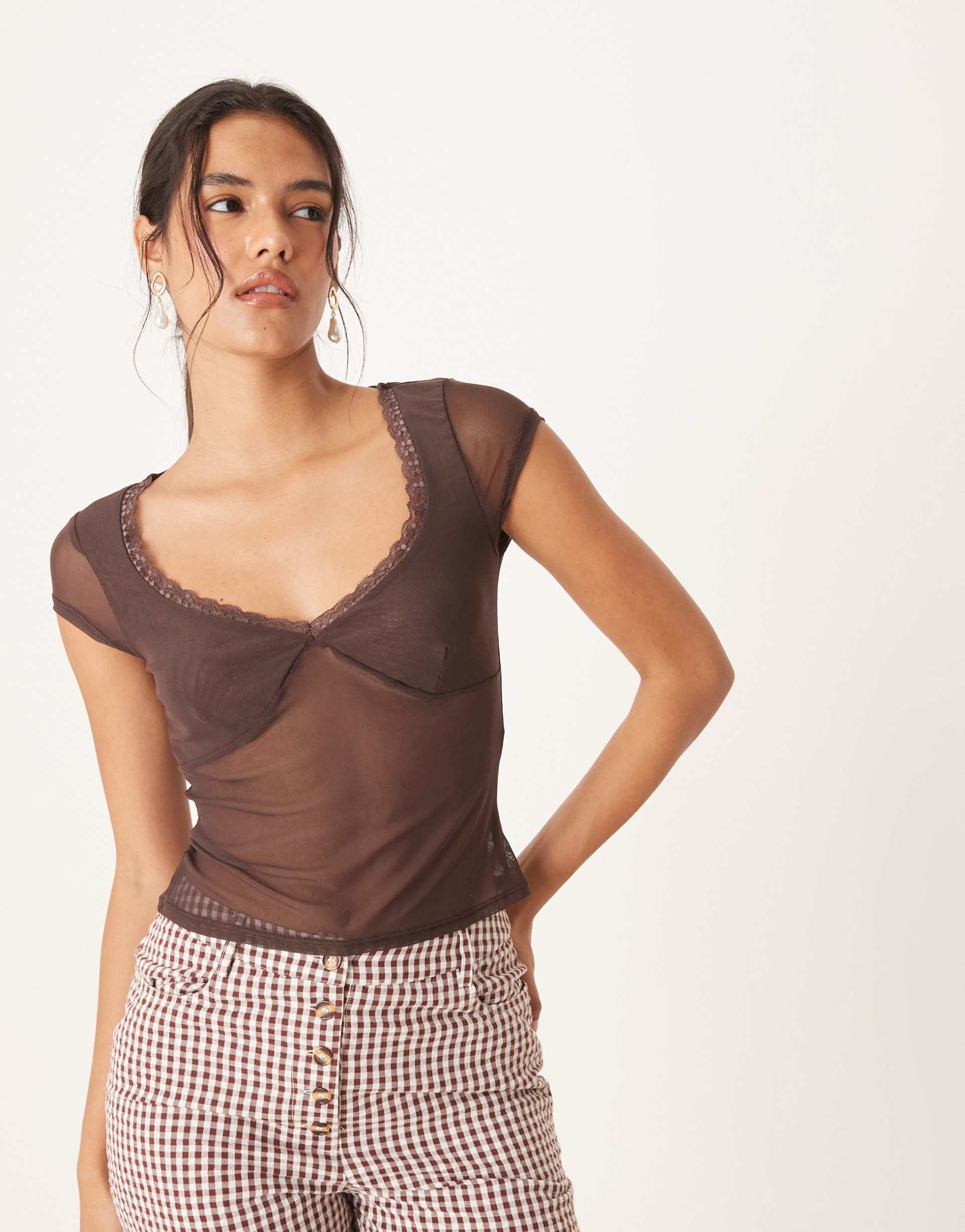 asos design mesh lace trim short sleeve top in chocolate