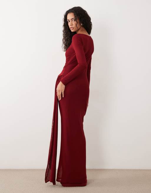 ASOS DESIGN mesh långärmad maxiklänning i vinröd, 2 av 4