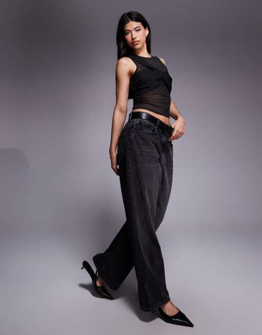 ASOS DESIGN mesh layered asymmetric twist singlet top in black, 2 of 4