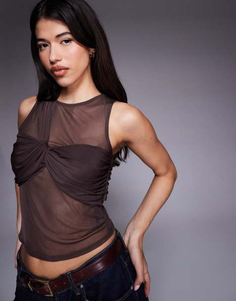 ASOS DESIGN mesh layered asymmetric twist tank top in chocolate - view 1