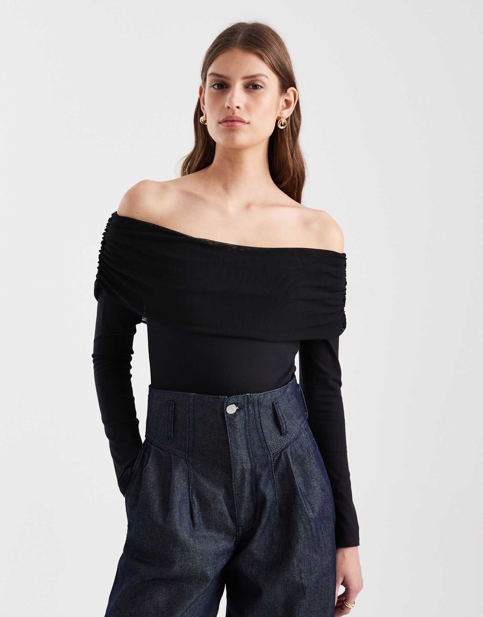 ДИЗАЙНЕРСКОЕ сетчатое многослойное боди bardot с длинным рукавом из хлопка черного цвета от ASOS DESIGN