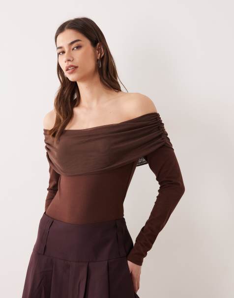 ASOS DESIGN mesh bardot long sleeve bodysuit with cotton body in chocolate