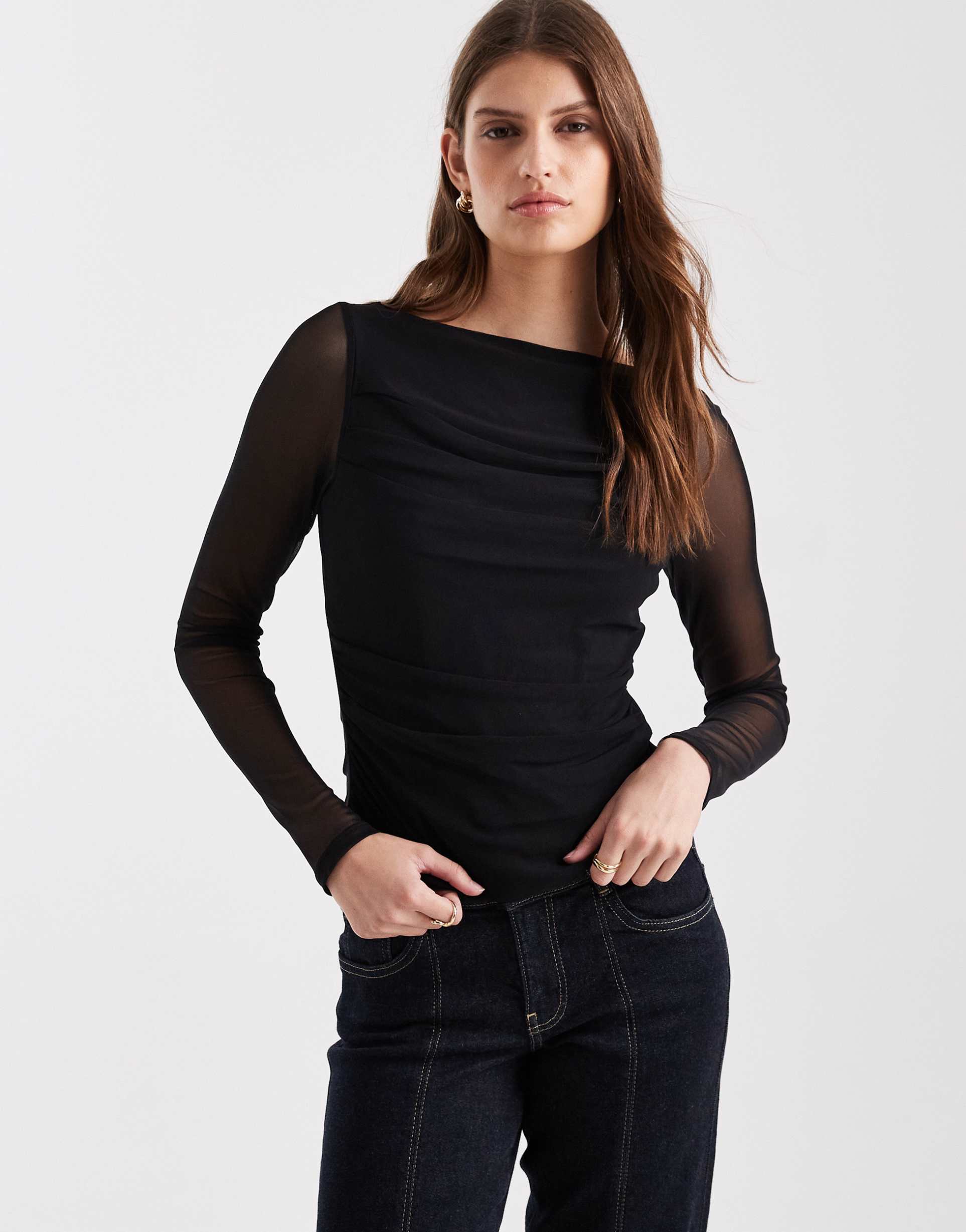 asos design mesh layered drape long sleeve top in black