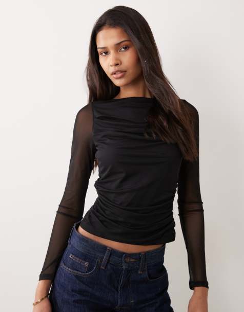 ASOS DESIGN mesh drape boat neck long sleeve top in black 