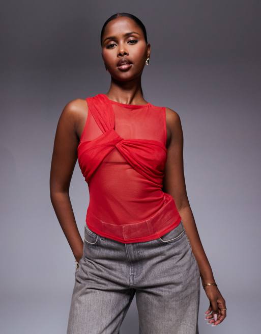 ASOS DESIGN mesh layered twist singlet top in red