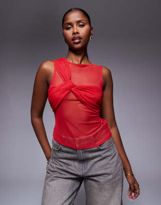 ASOS DESIGN mesh layered twist vest top in red