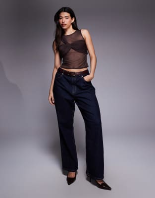 Asos Design Mesh Layered Twisted Bust Tank Top In Brown