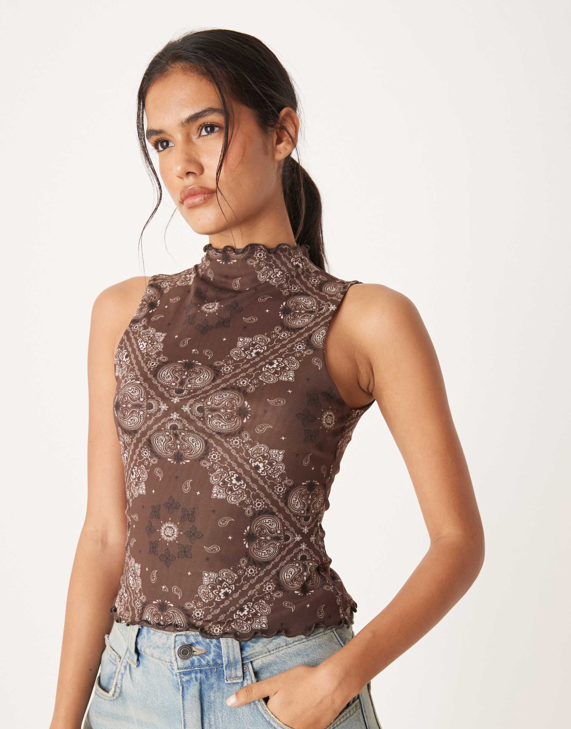 asos design mesh lettuce hem tank top in brown scarf print