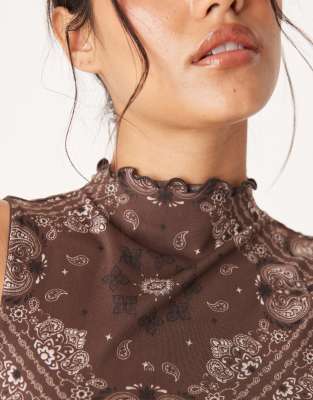 Asos Design Mesh Lettuce Hem Tank Top In Brown