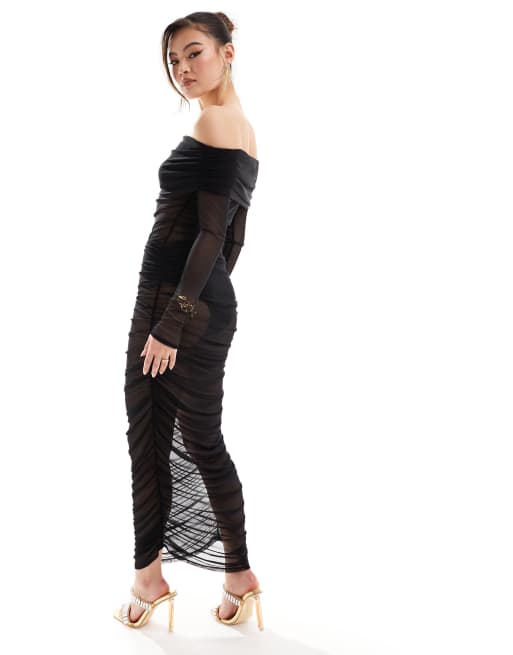 ASOS DESIGN mesh long sleeve bardot super ruched midi dress in black, 4 of 4