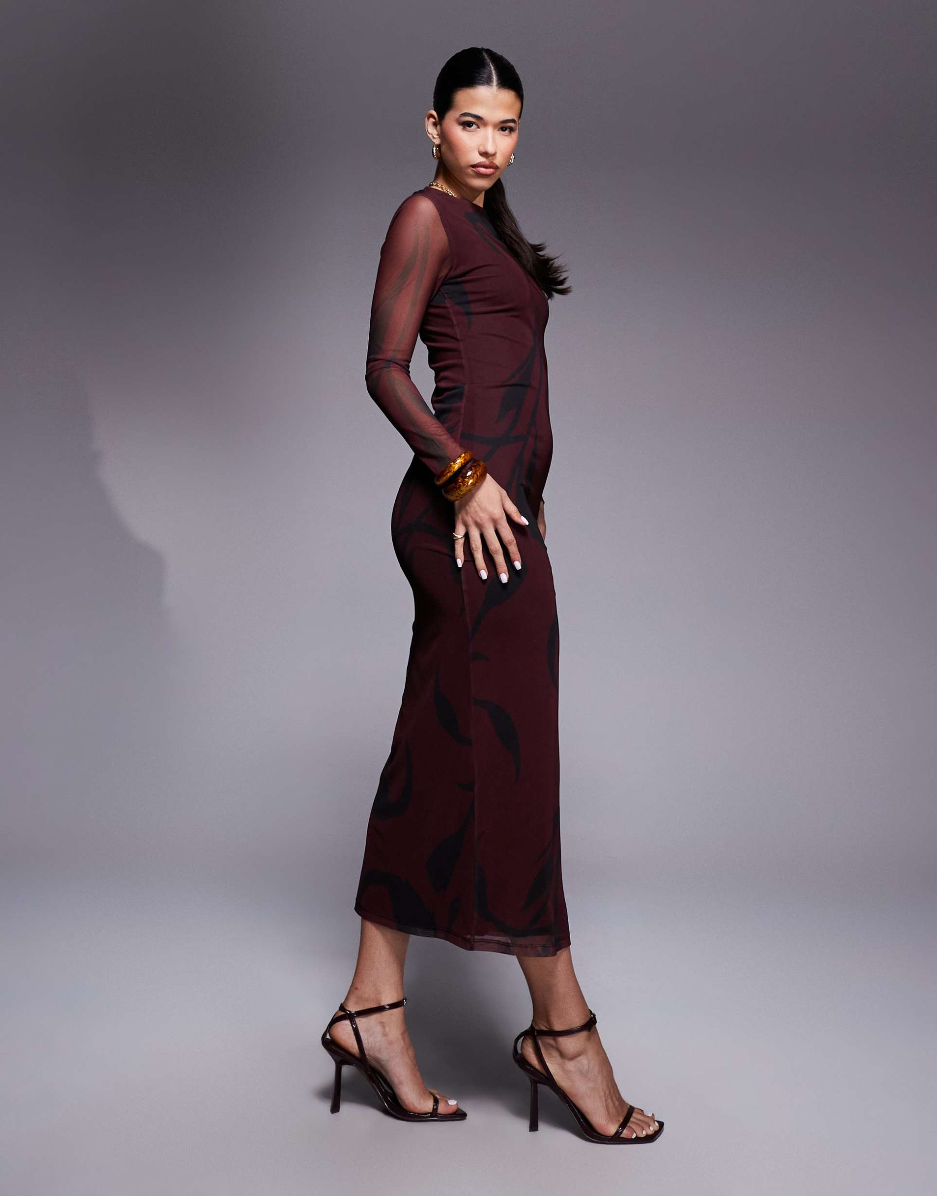 asos design mesh long sleeve column midi dress in burgundy print