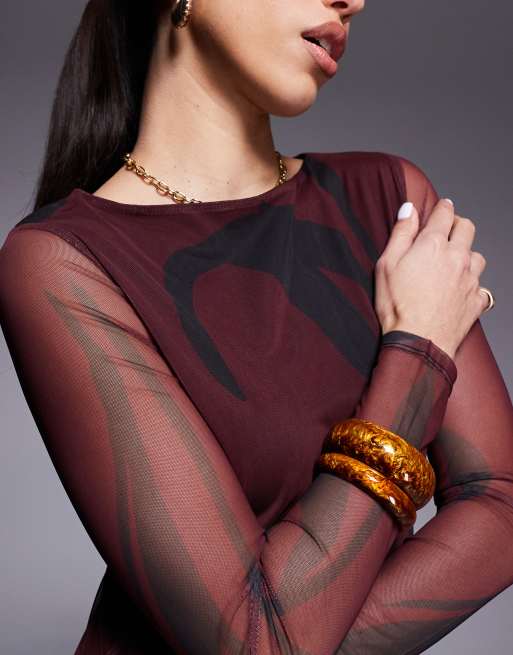 ASOS DESIGN mesh long sleeve column midi dress in burgundy print