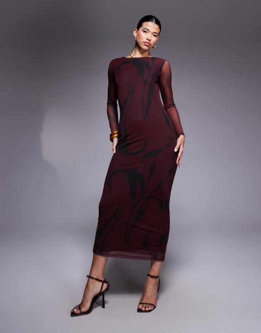 ASOS Design mesh long sleeve column midi dress in burgundy print-Multi