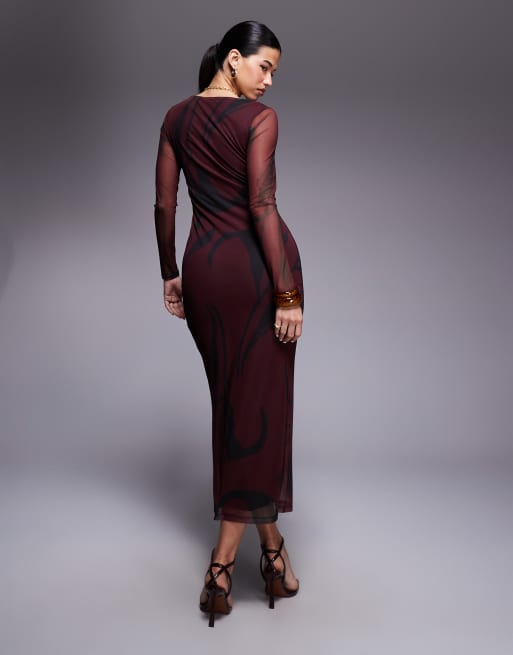 ASOS DESIGN mesh long sleeve column midi dress in burgundy print