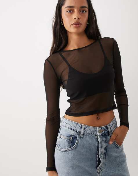 ASOS DESIGN mesh long sleeve crop top in black - view 1