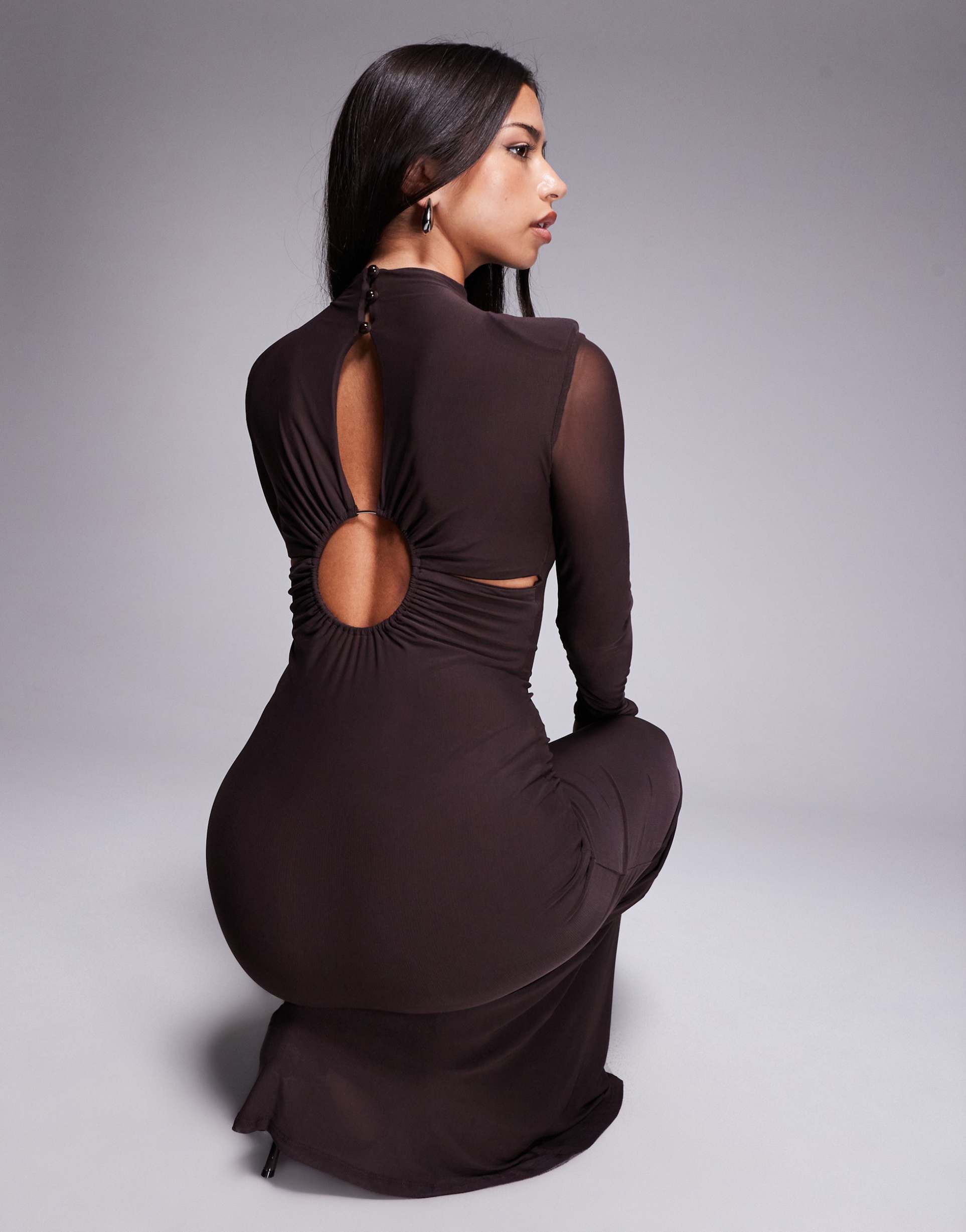 asos design mesh long sleeve cut out maxi dress with ring detail back in brown