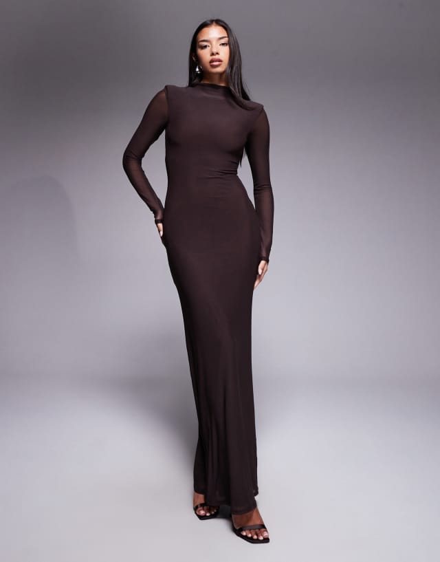 ASOS DESIGN mesh long sleeve cut out maxi dress with ring detail back in brown