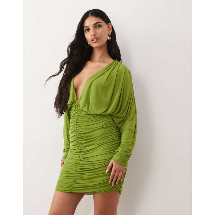 ASOS DESIGN mesh long sleeve deep plunge ruched mini dress in green | ASOS