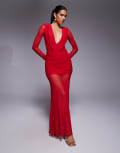 [ASOS DESIGN] ASOS DESIGN mesh long sleeve deep plunge sheer maxi dress with shoulder pad detail in red 8 Red