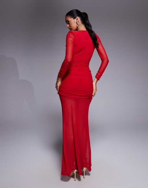 ASOS DESIGN mesh long sleeve deep plunge sheer maxi dress with shoulder pad  details in red | ASOS