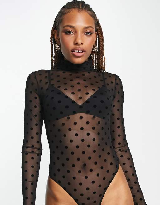 ASOS DESIGN mesh long sleeve dobby polka dot flock bodysuit in black