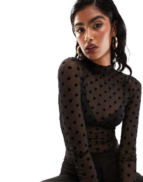 ASOS DESIGN mesh long sleeve dobby polka dot flock bodysuit in black - view 1