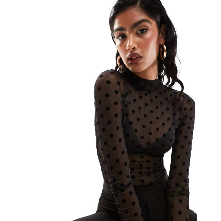 ASOS DESIGN mesh long sleeve dobby polka dot flock bodysuit in