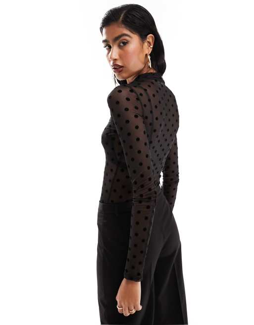 ASOS DESIGN mesh long sleeve dobby polka dot flock bodysuit in black