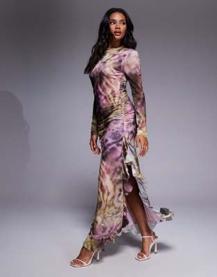 mesh long sleeve frill detail a line maxi dress in animal print-Multi