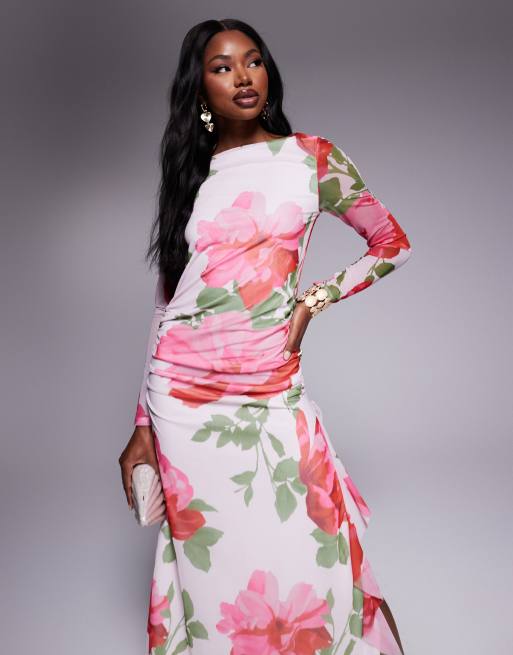 ASOS DESIGN mesh long sleeve frill detail a line maxi dress in