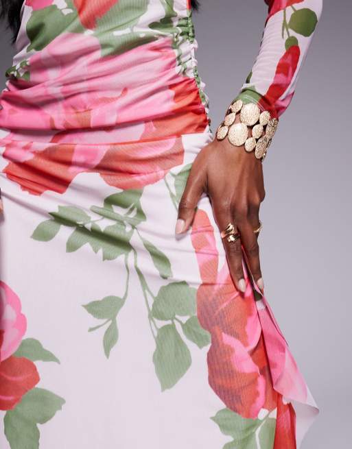 ASOS DESIGN mesh long sleeve frill detail a line maxi dress in pink floral  print | ASOS