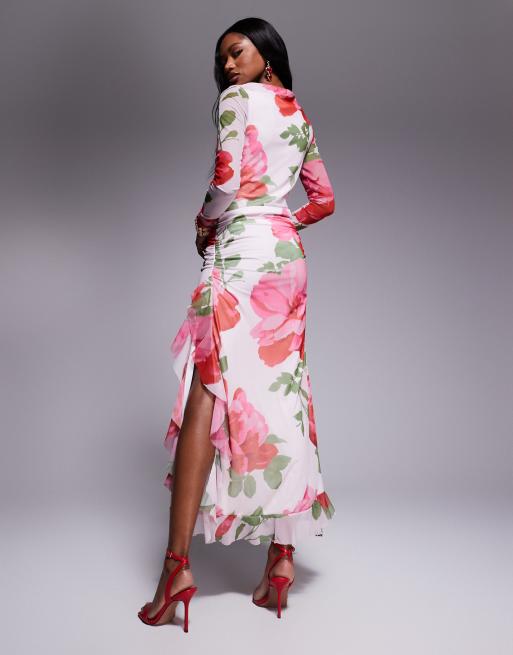 ASOS DESIGN mesh long sleeve frill detail a line maxi dress in pink floral print