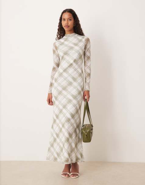 ASOS DESIGN mesh long sleeve high neck wrap midaxi dress in gray plaid print - view 1