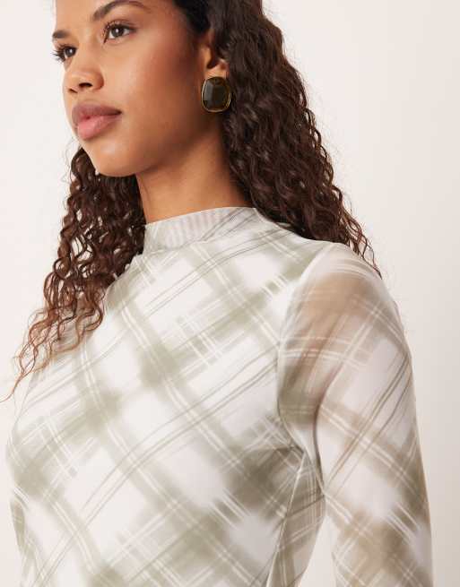 ASOS DESIGN mesh long sleeve high neck wrap midaxi dress in gray plaid print