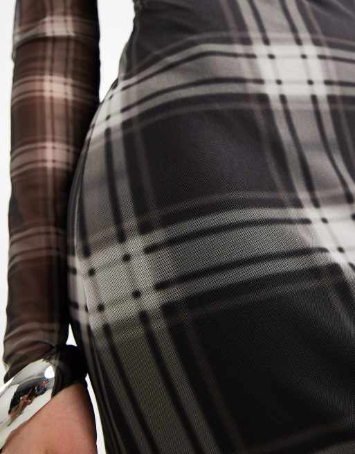 ASOS DESIGN mesh long sleeve high neck wrap midaxi dress in gray plaid print