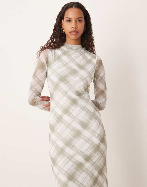 ASOS DESIGN mesh long sleeve high neck wrap midaxi dress in gray plaid print
