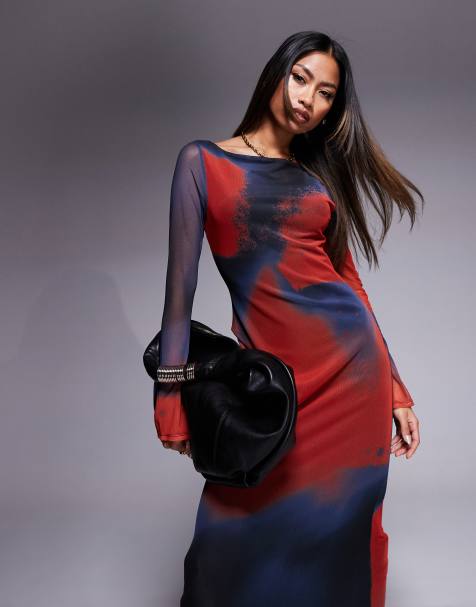 ASOS DESIGN mesh long sleeve high slash neck maxi dress in blurred print - MULTI - view 1