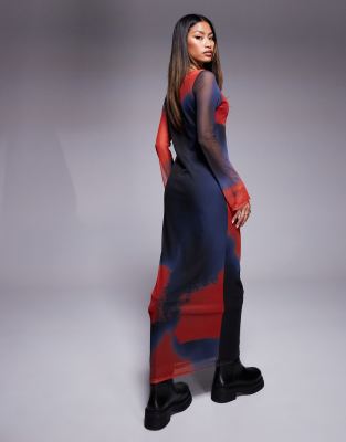 ASOS DESIGN mesh long sleeve high slash neck maxi dress in blurred print