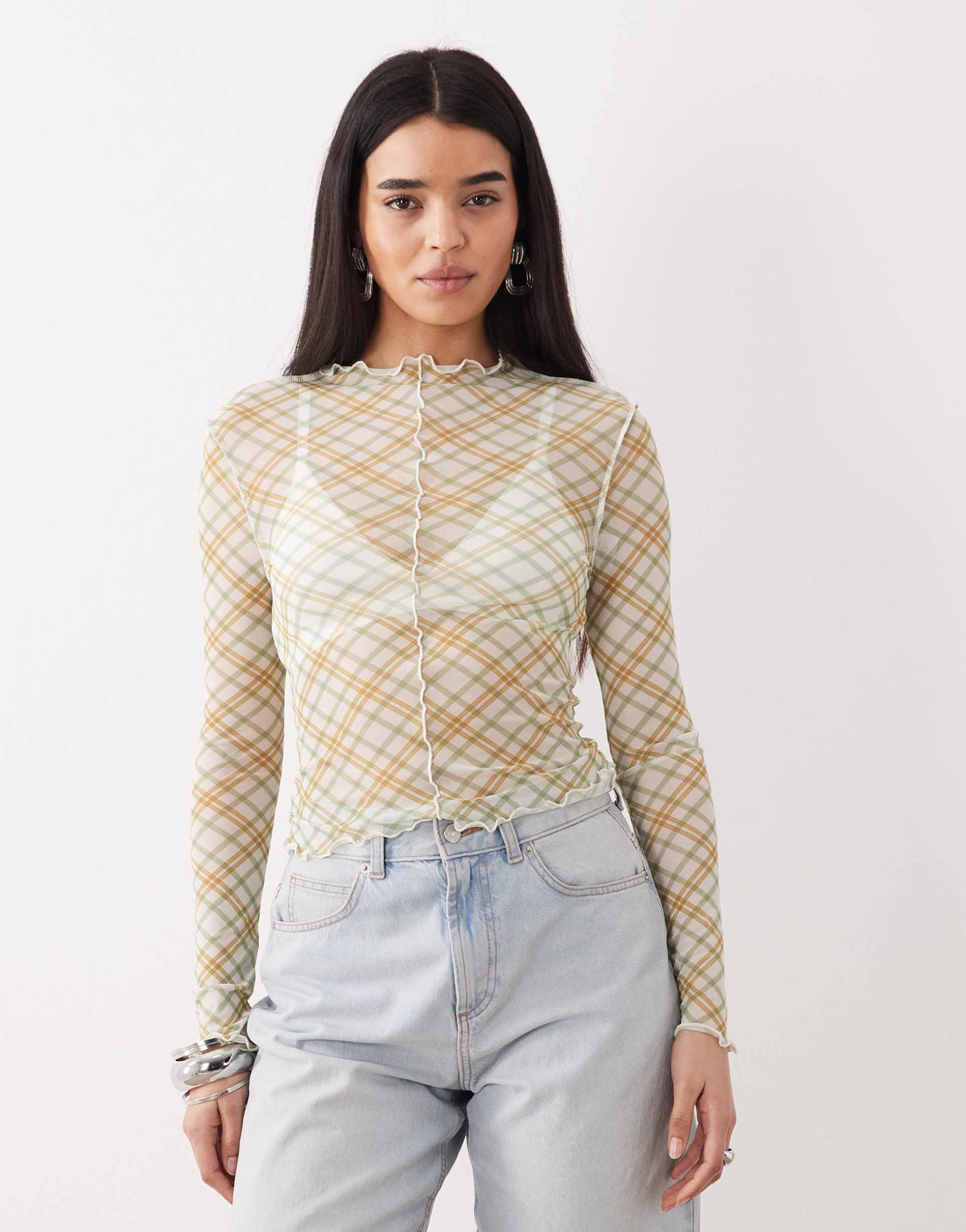 asos design mesh long sleeve lettuce hem top in green check