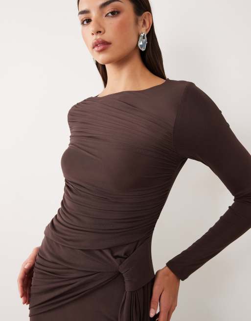 ASOS DESIGN mesh long sleeve maxi dress in brown, 2 of 4
