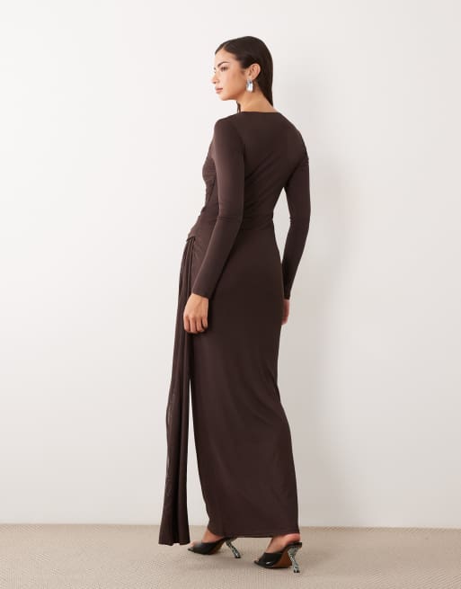 ASOS DESIGN mesh long sleeve maxi dress in brown, 3 of 4