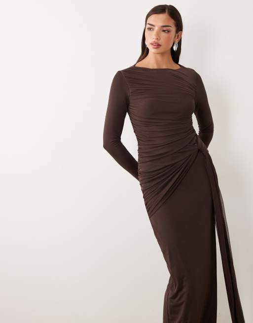 ASOS DESIGN mesh long sleeve maxi dress in brown, 4 of 4
