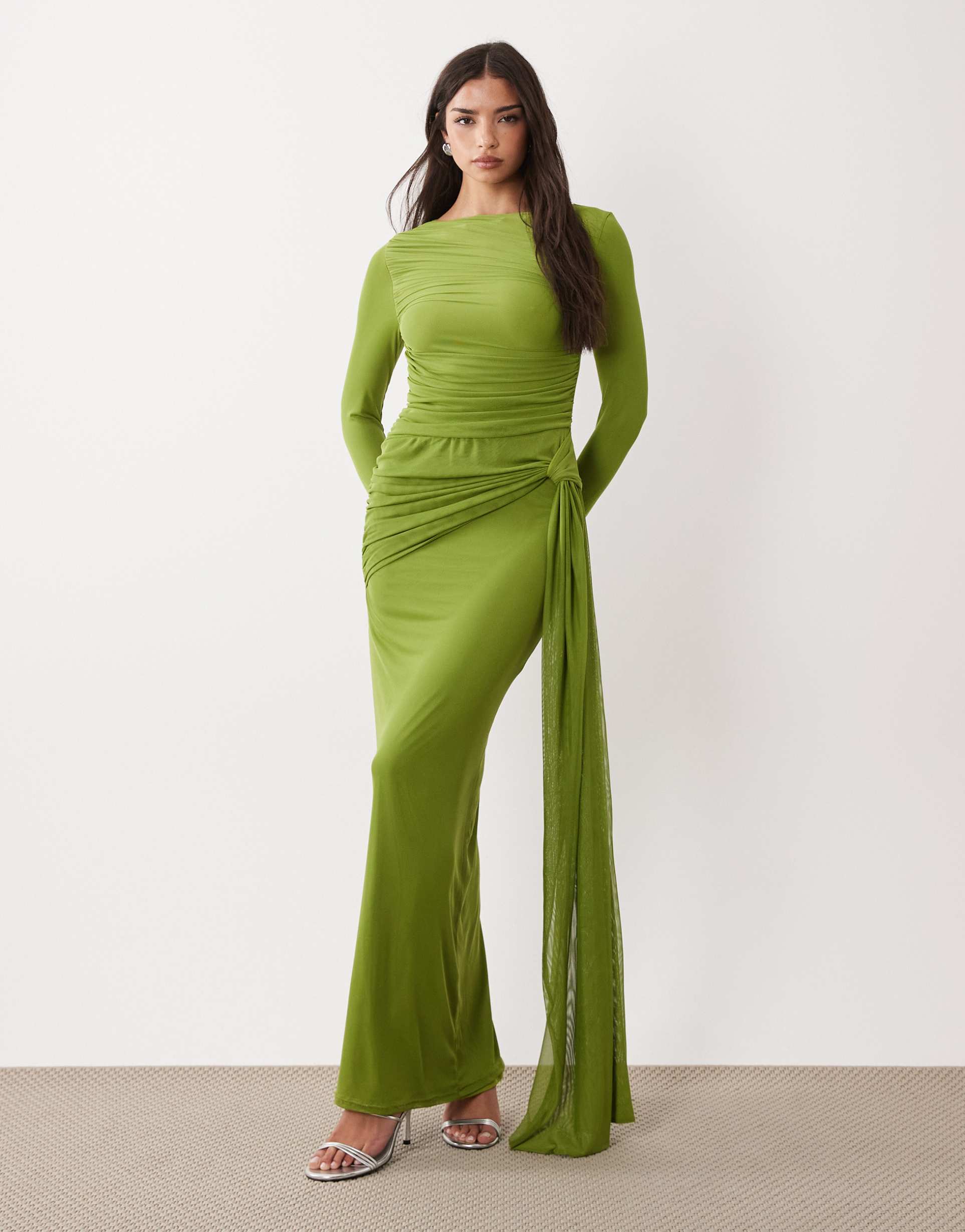 asos design mesh long sleeve maxi dress in green