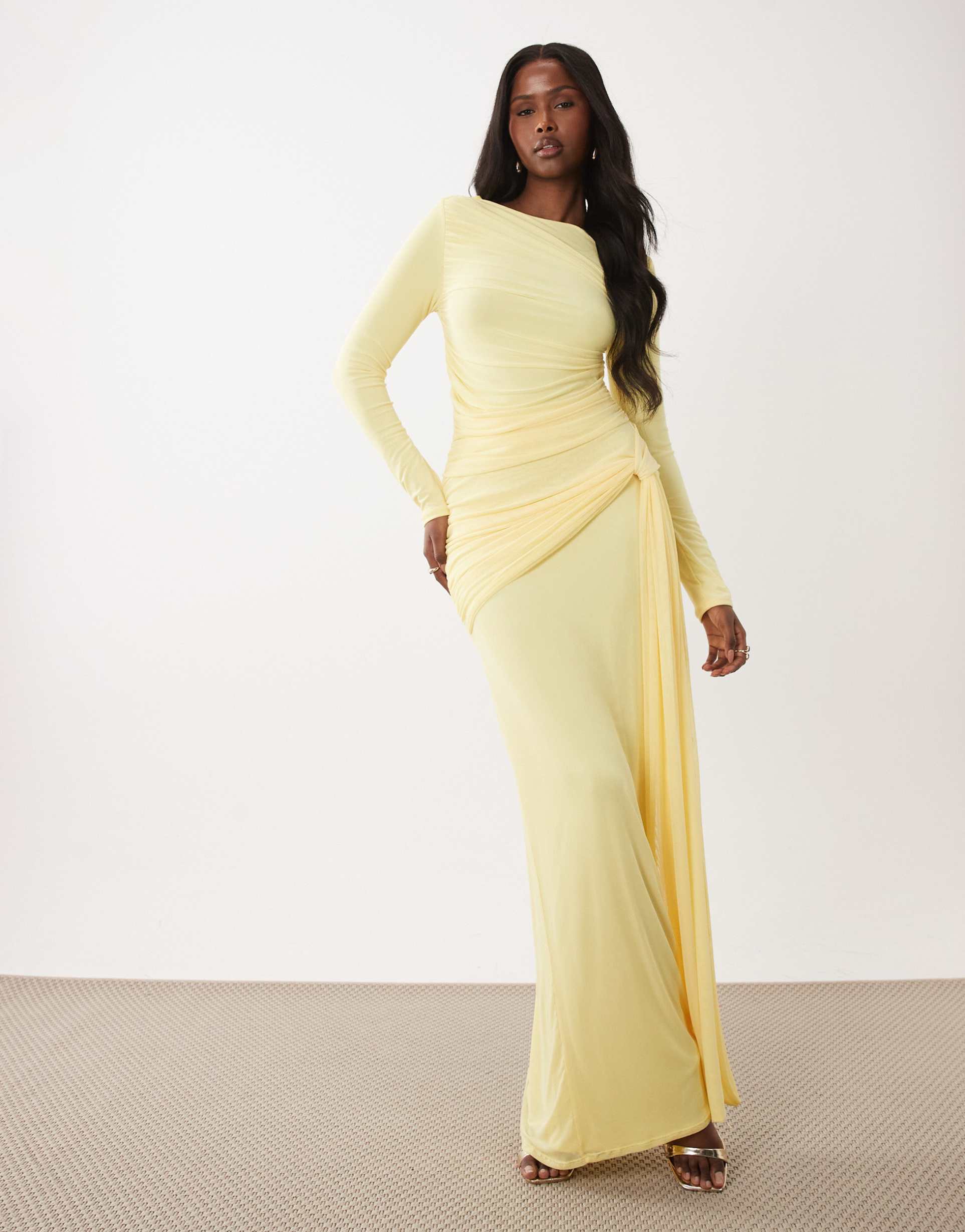 asos design mesh long sleeve maxi dress in lemon