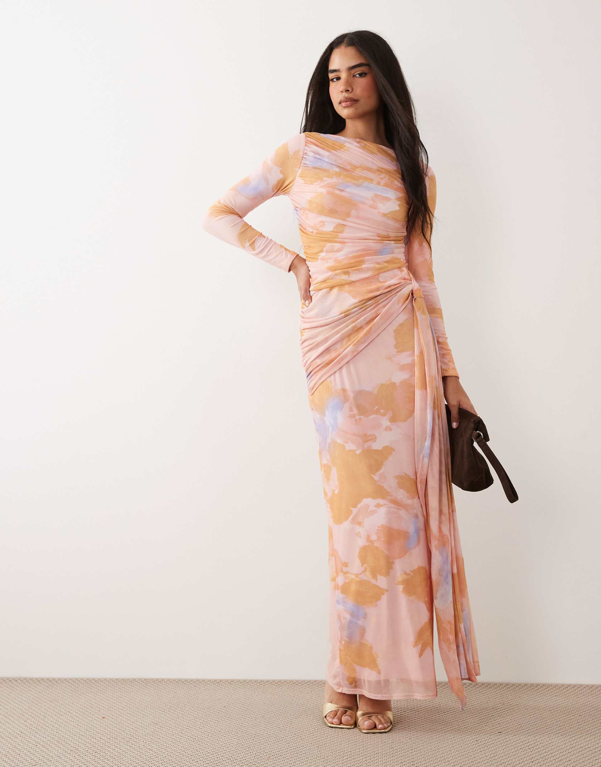 asos design mesh long sleeve maxi dress in orange floral