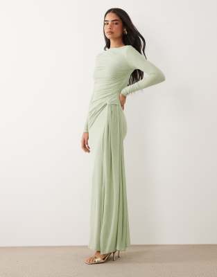Asos Design Mesh Long Sleeve Maxi Dress In Green
